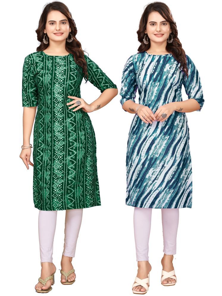     			VACHHARAJ GROUP Pack of 2 Crepe Printed Straight Women's Kurti - ( Green,Navy Blue )