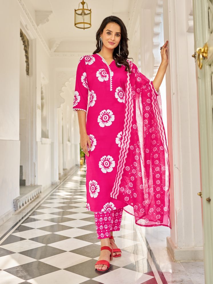     			VIBE VISION Cotton Blend Printed Kurti With Pants Women's Stitched Salwar Suit - Pink ( Pack of 1 )