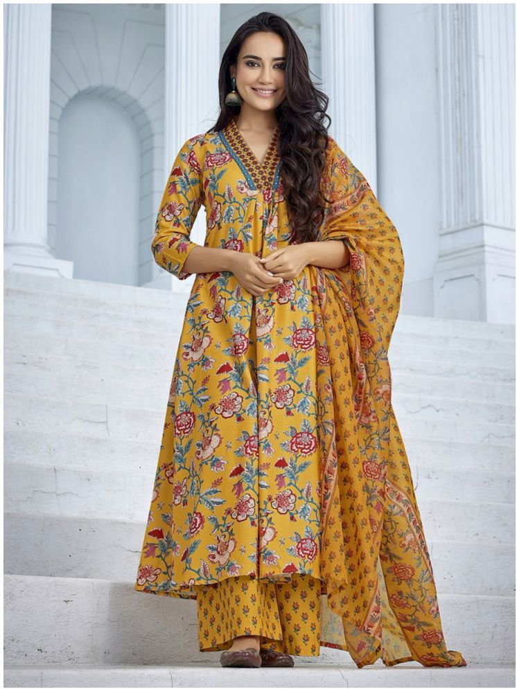     			Heavenly Attire Cotton Printed Kurti With Palazzo Women's Stitched Salwar Suit - Yellow ( Pack of 1 )