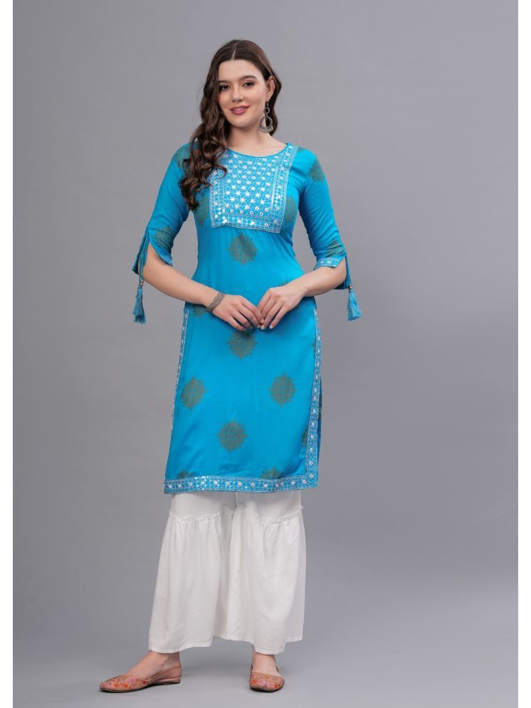     			MAUKA Rayon Embellished Kurti With Sharara And Gharara Women's Stitched Salwar Suit - Blue ( Pack of 1 )