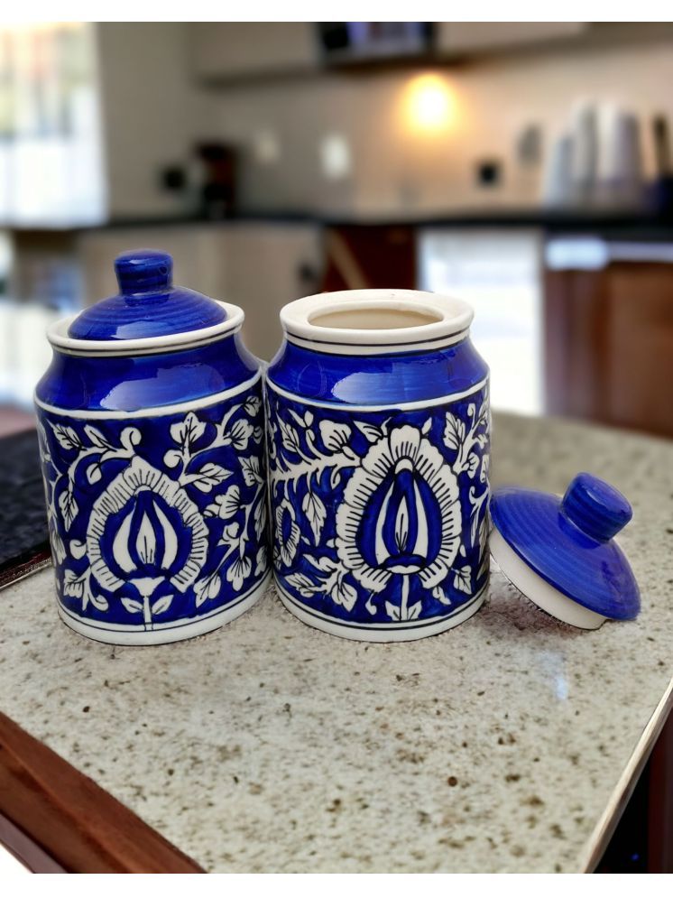     			Malaikah Blue Pickle Jar Ceramic Dark Blue Pickle Container ( Set of 2 )