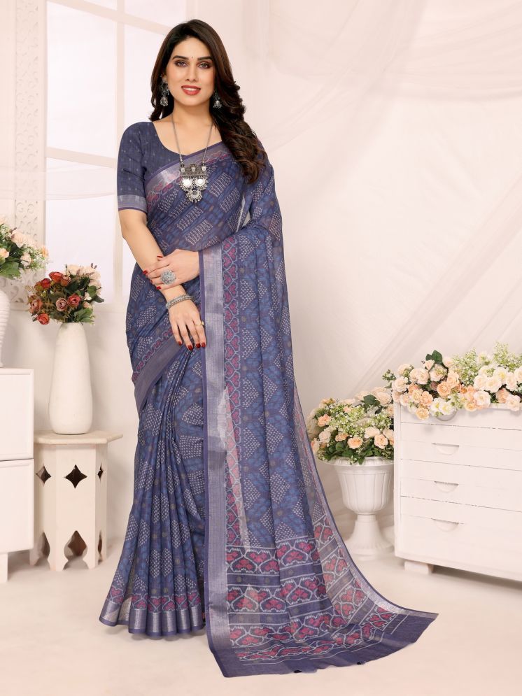     			NightBlue Pack of 1 Linen Printed Saree With Blouse Piece ( Blue )