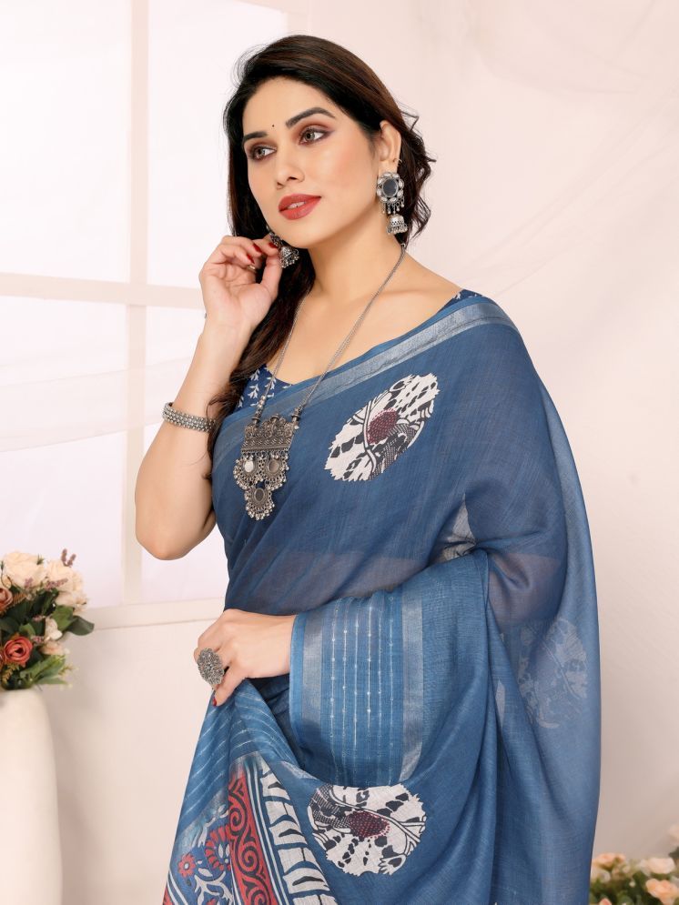     			NightBlue Pack of 1 Linen Printed Saree With Blouse Piece ( Light Blue )