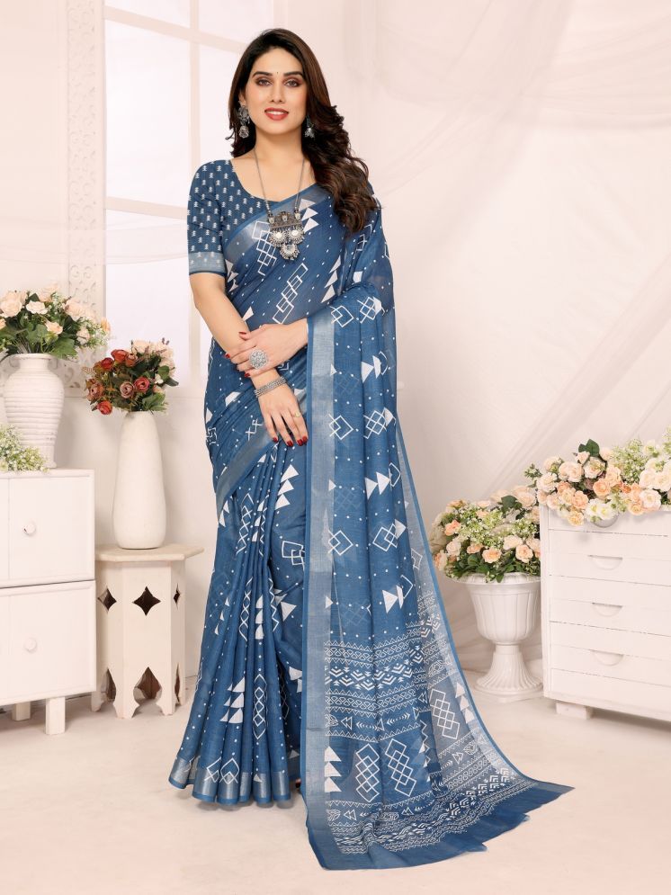     			NightBlue Pack of 1 Linen Printed Saree With Blouse Piece ( Blue )