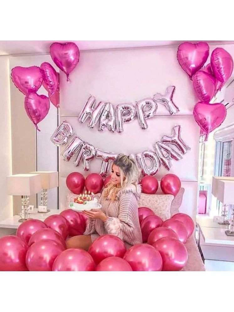     			PartyBooms Happy Birthday Silver Foil Banner, 8 Rose Heart Foil Banner 50 Pink Metalic Balloon (Pack of 61)