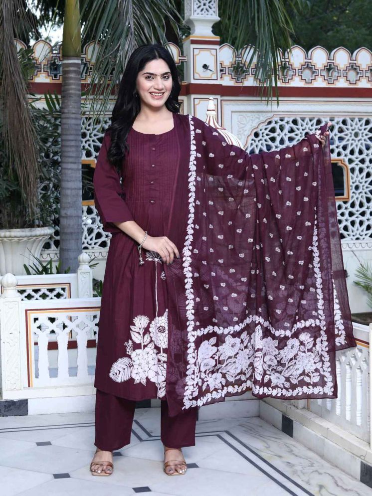     			Doriyaan Cotton Printed Kurti With Palazzo Women's Stitched Salwar Suit - Wine ( Pack of 1 )