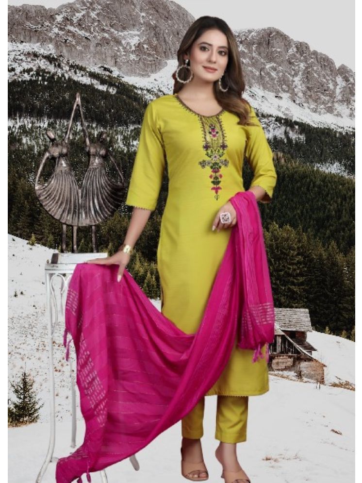     			RUTSH CREATION Cotton Embroidered Kurti With Pants Women's Stitched Salwar Suit - Lime Green ( Pack of 1 )