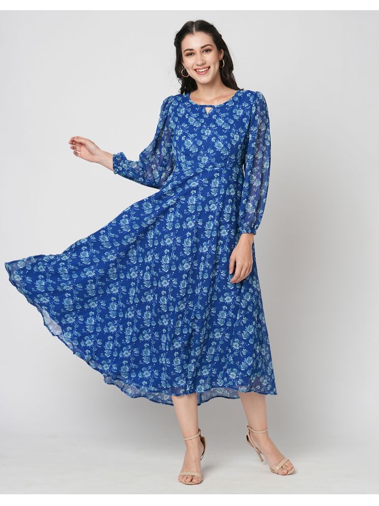     			Selvia Georgette Printed Midi Women's Fit & Flare Dress - Blue ( Pack of 1 )