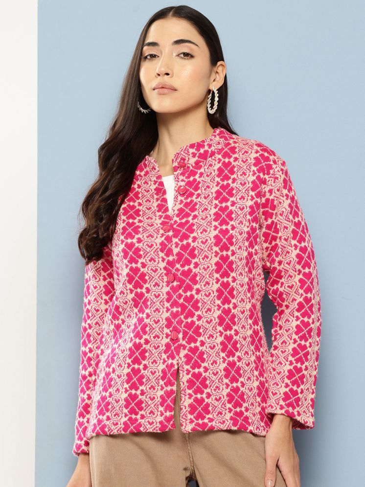     			Aarika Woollen Chinese/Mandarin Collar Women's Buttoned Cardigans - Pink ( Single )