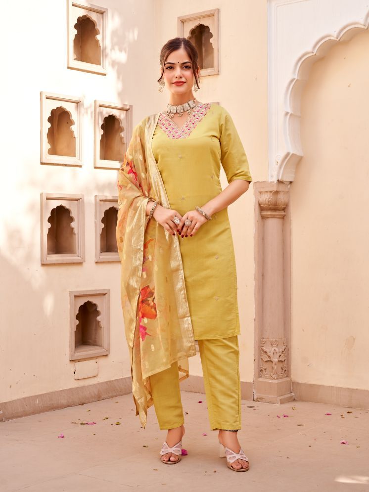     			SAREEKART FAB Chanderi Embroidered Kurti With Pants Women's Stitched Salwar Suit - Yellow ( Pack of 1 )