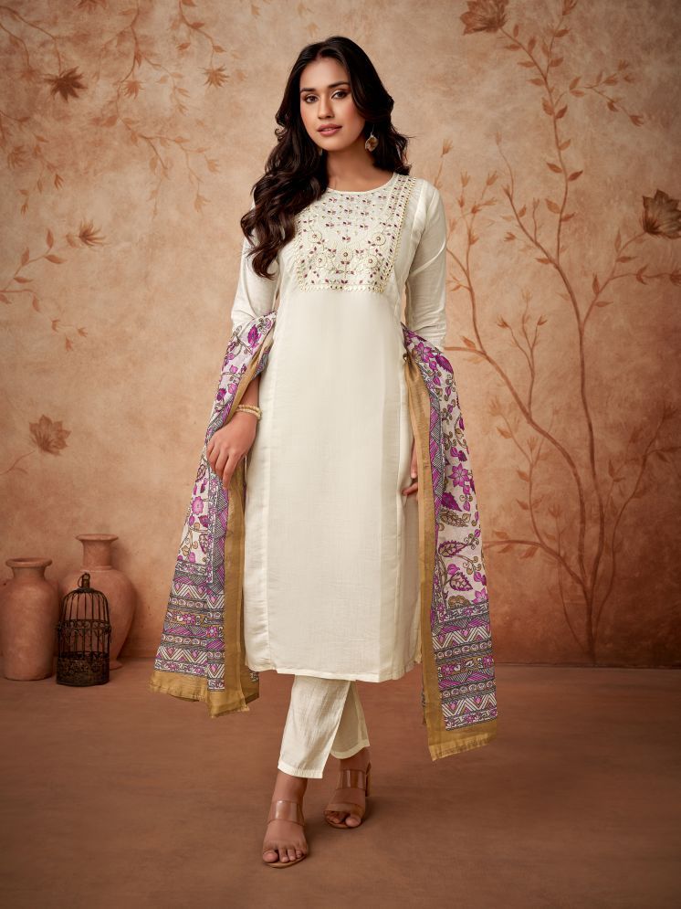     			SAREEKART FAB Chanderi Embroidered Kurti With Pants Women's Stitched Salwar Suit - White ( Pack of 1 )