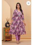 S & D Attire Rayon Printed Kurti With Pants Women's Stitched Salwar Suit - Purple ( Pack of 1 )