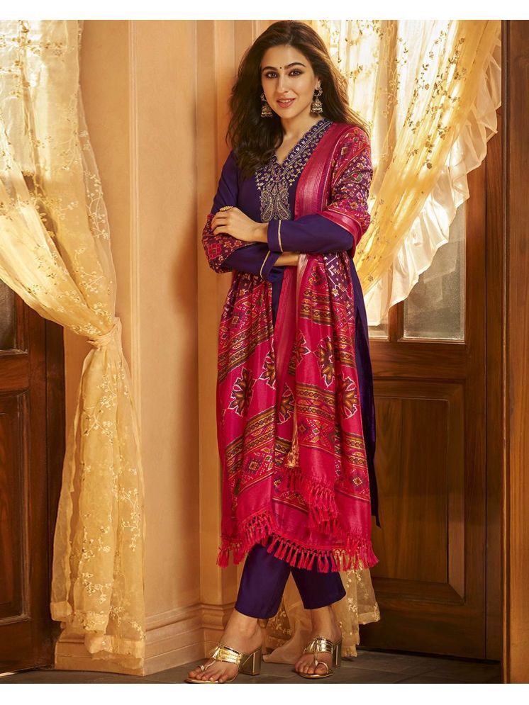     			Any Fab Silk Blend Embroidered Kurti With Pants Women's Stitched Salwar Suit - Purple ( Pack of 1 )