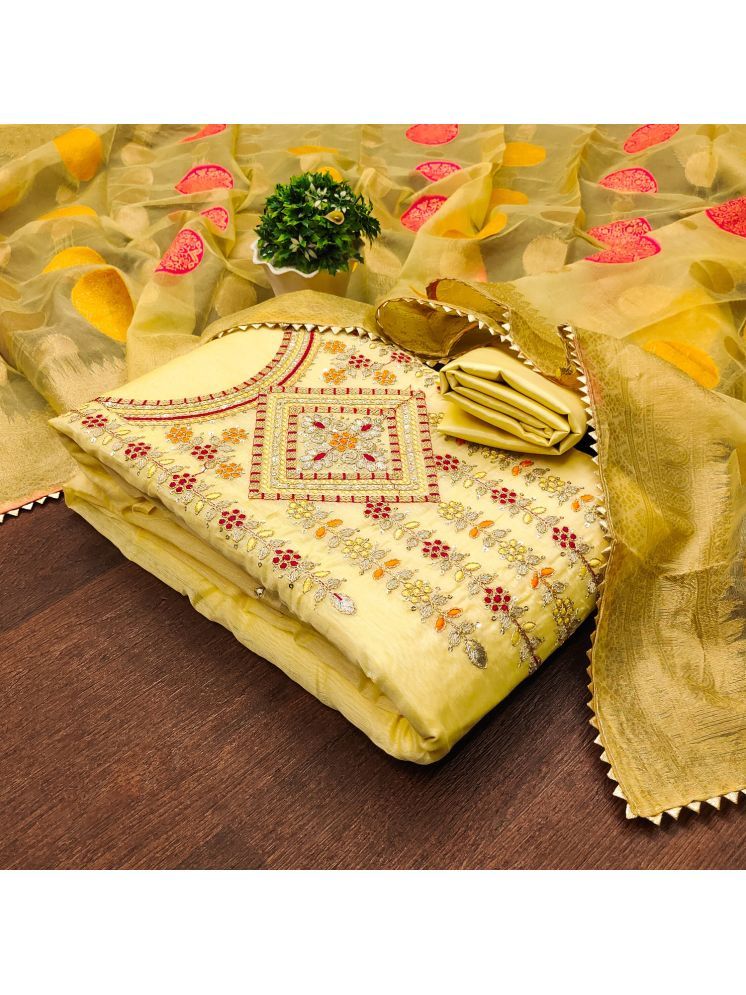     			Apnisha Unstitched Chanderi Embellished Dress Material - Yellow ( Pack of 1 )