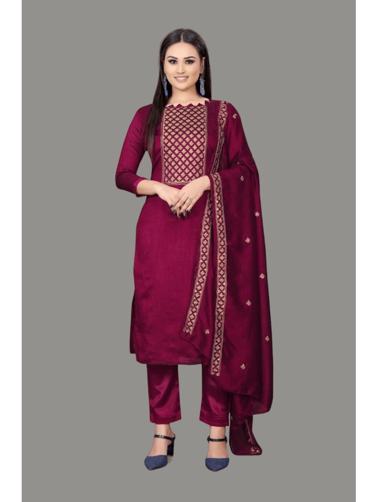     			Apnisha Unstitched Silk Embroidered Dress Material - Wine ( Pack of 1 )