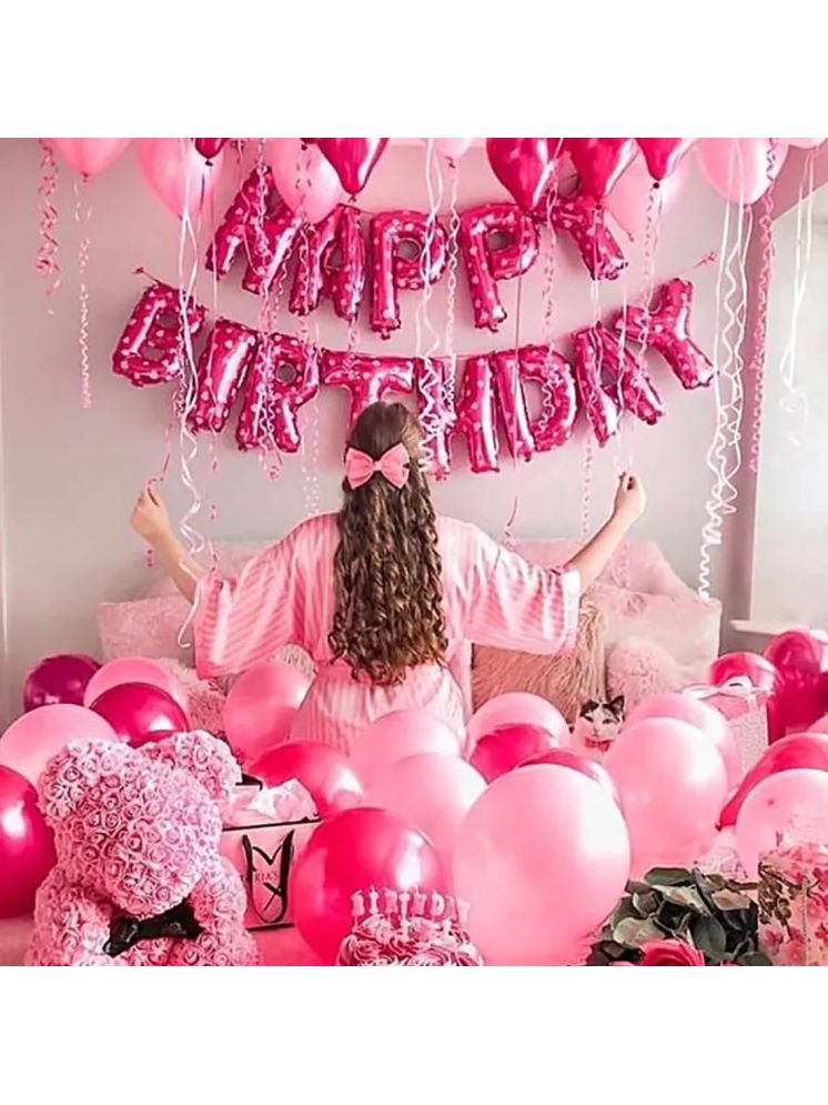     			PartyBooms Happy Birthday Pink Foil Banner, 10 pcs Each White, Pink, Light Pink Metalic Balloons (Pack of 31)