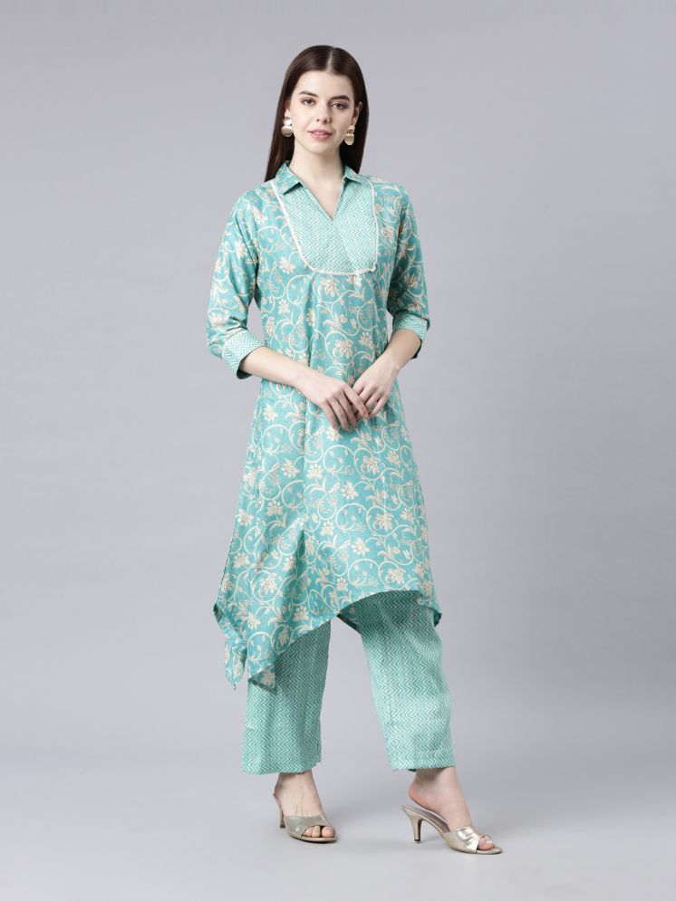     			Samhitas Viscose Printed Kurti With Pants Women's Stitched Salwar Suit - Sea Green ( Pack of 1 )