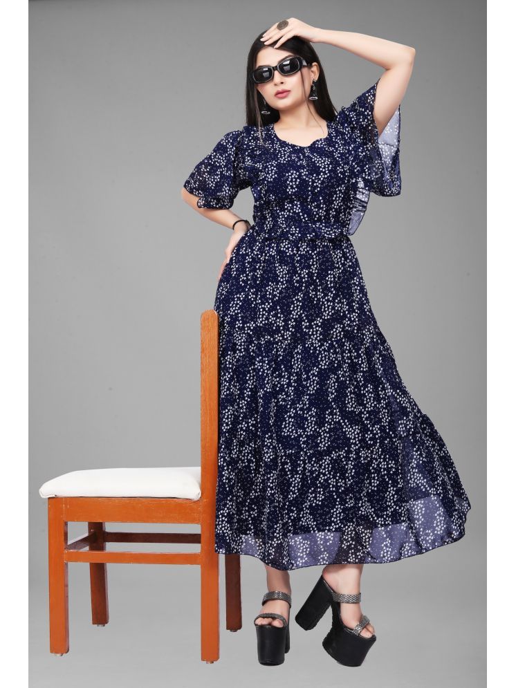     			JASH CREATION Polyester Printed Ankle Length Women's Fit & Flare Dress - Blue ( Pack of 1 )