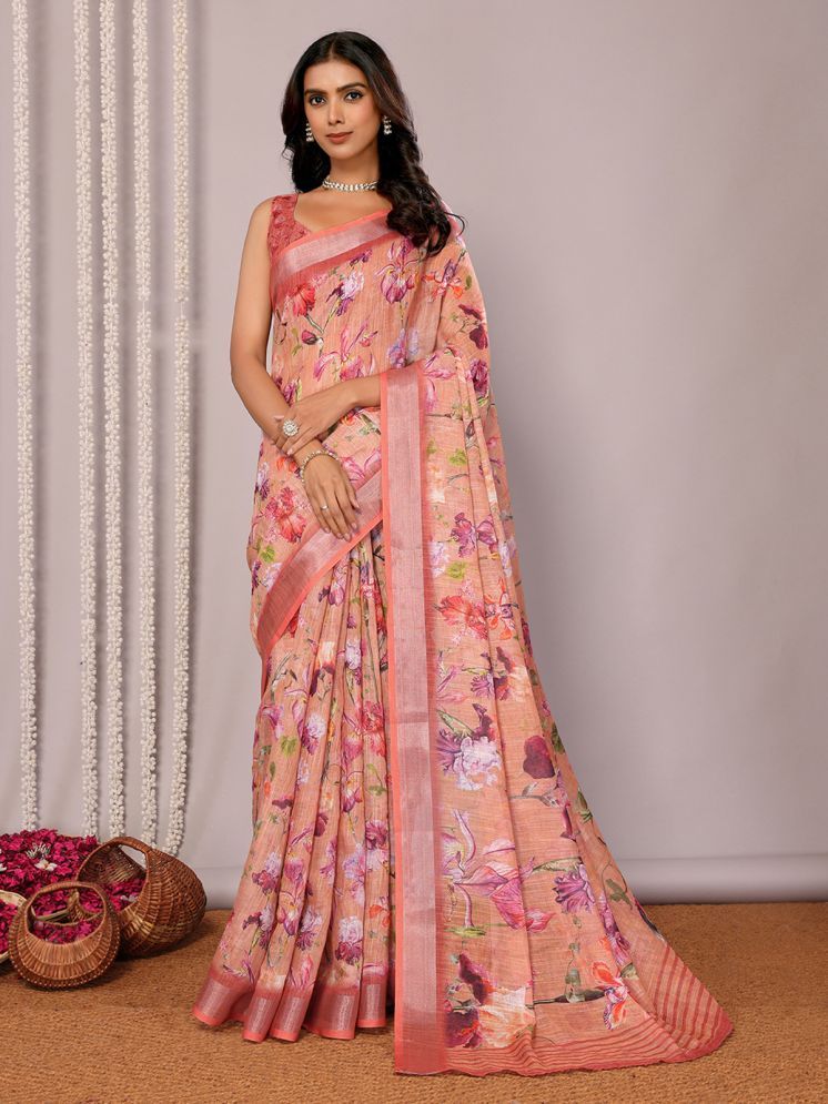     			Janasya Pack of 1 Cotton Blend Printed Saree With Blouse Piece ( Peach )