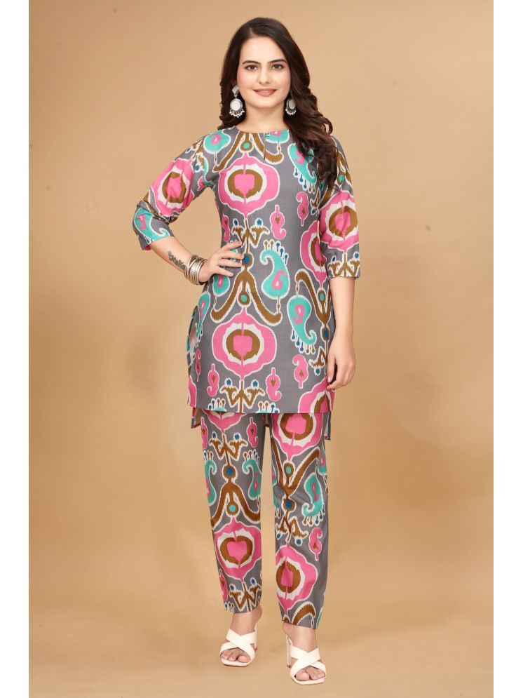     			Nirja Fab Cotton Blend Printed Kurti With Pants Women's Stitched Salwar Suit - Grey ( Pack of 1 )