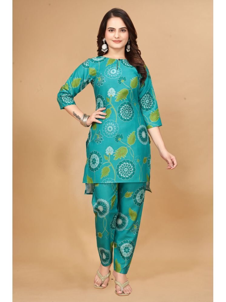     			Nirja Fab Cotton Blend Printed Kurti With Pants Women's Stitched Salwar Suit - Teal ( Pack of 1 )