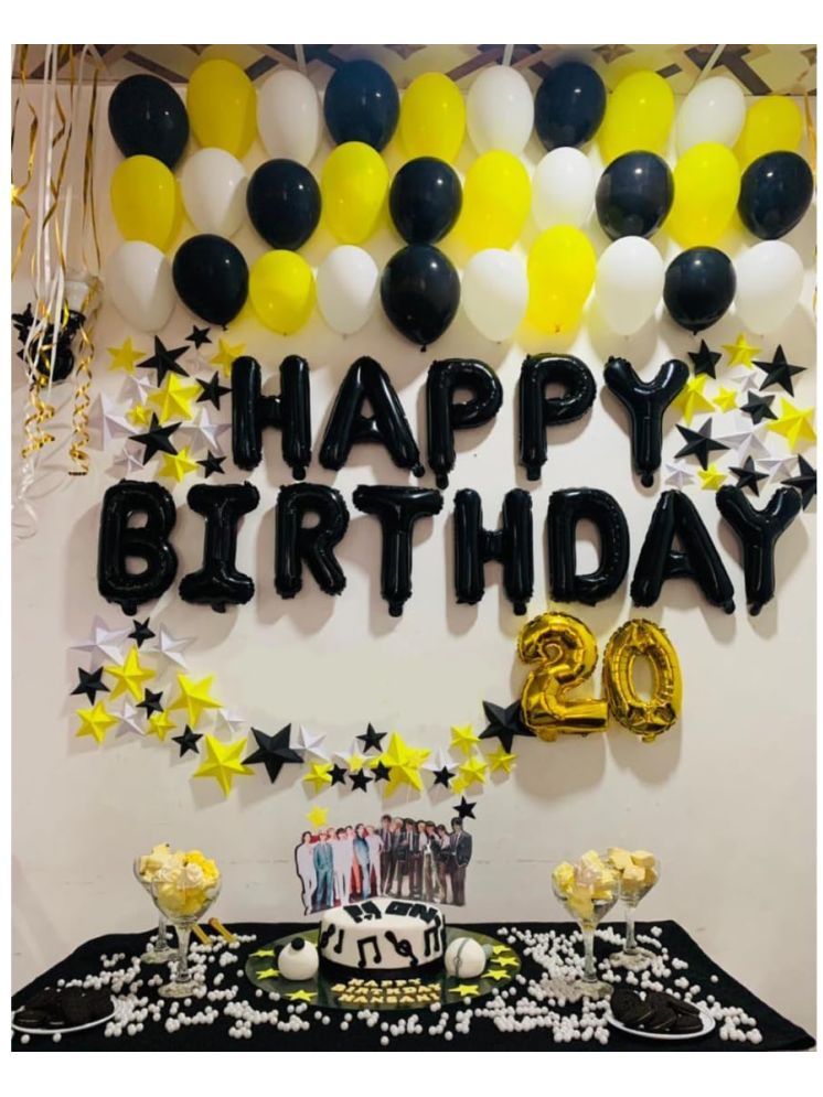     			PartyBooms Happy Birthday Black Foil Banner, 20 Number Gold Foil Balloon, 30 White, Black & Yellow Balloons (Pack of 32)