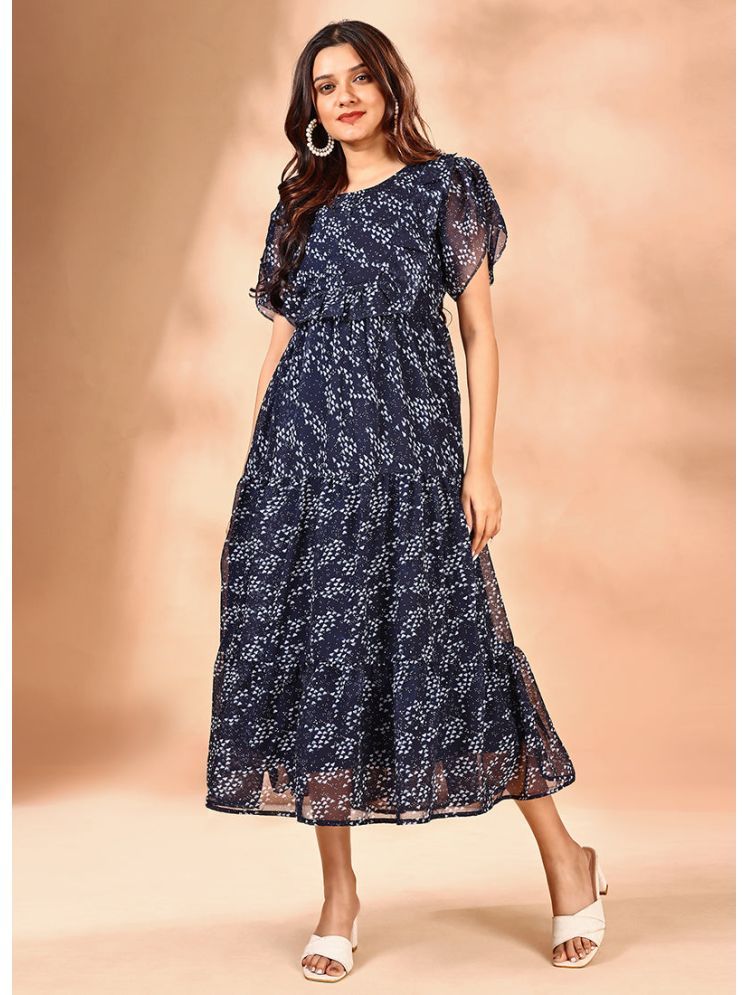     			RAIYANI FASHION Polyester Printed Midi Women's Fit & Flare Dress - Blue ( Pack of 1 )