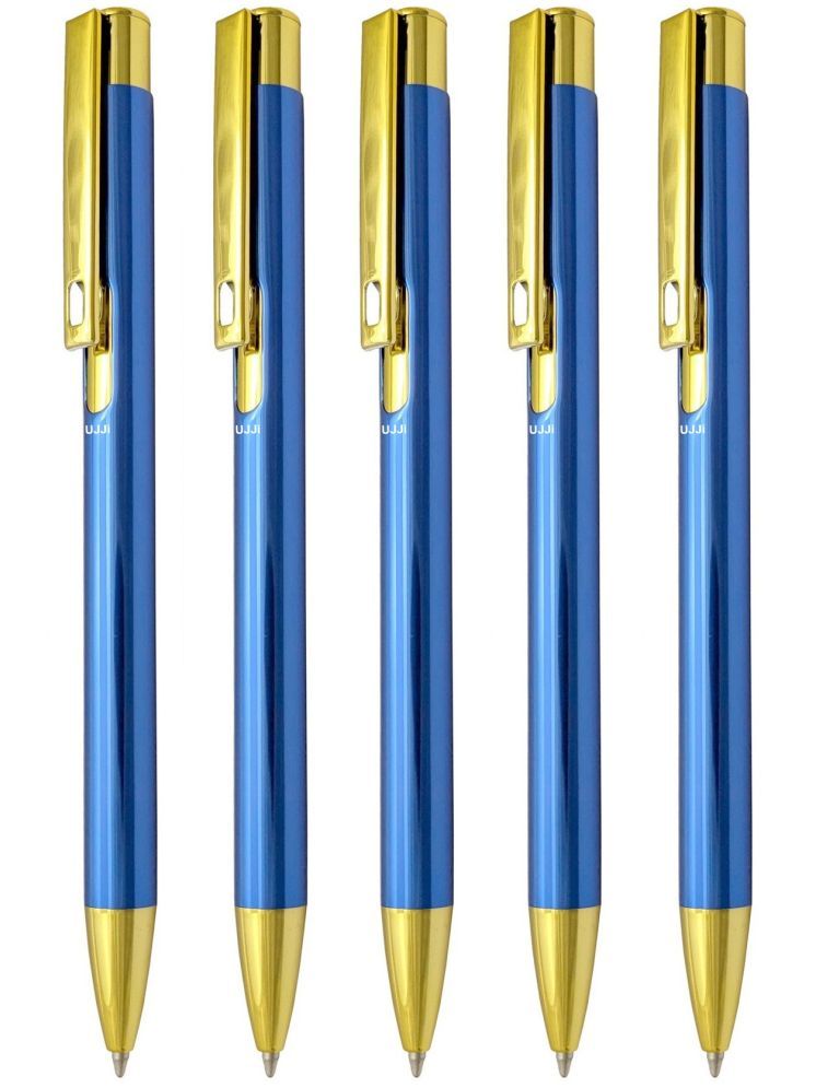     			UJJi Shiny Gloss Finish Blue Colour with Gold Part Metal Pack of 5 Ball Pen