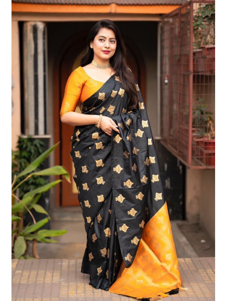     			Vividvibe Pack of 1 Banarasi Silk Printed Saree With Blouse Piece ( Yellow )