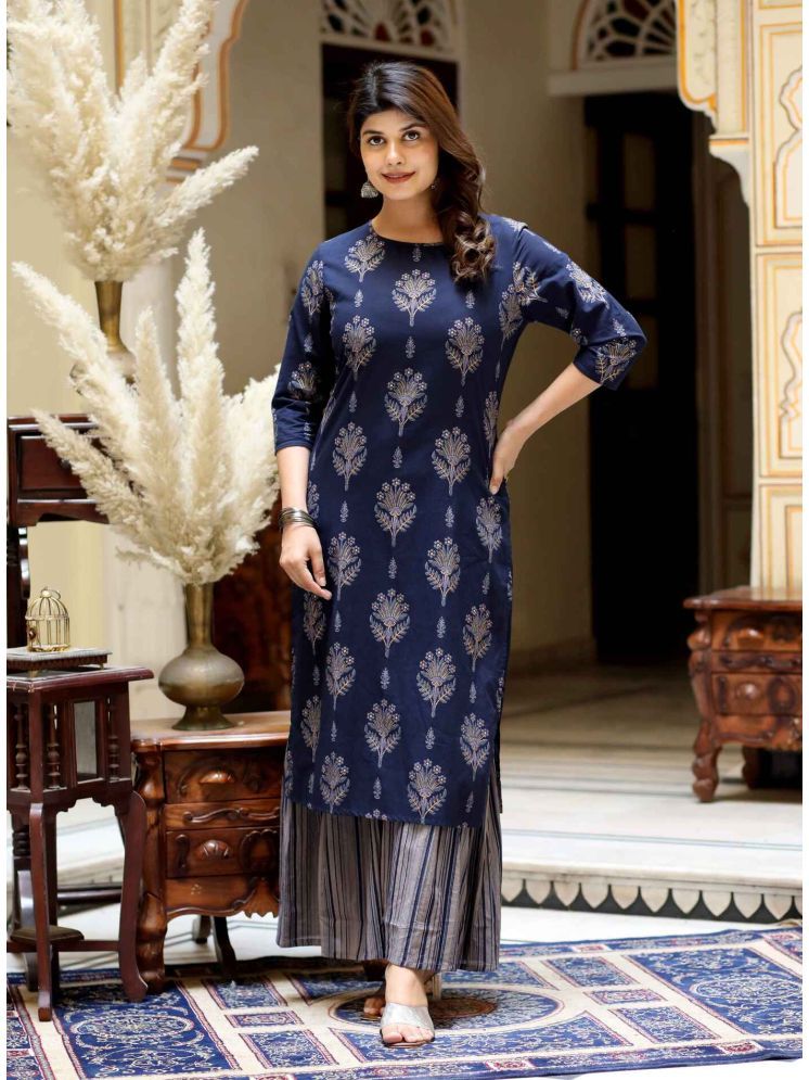     			Doriyaan Cotton Printed Kurti With Sharara And Gharara Women's Stitched Salwar Suit - Blue ( Pack of 1 )