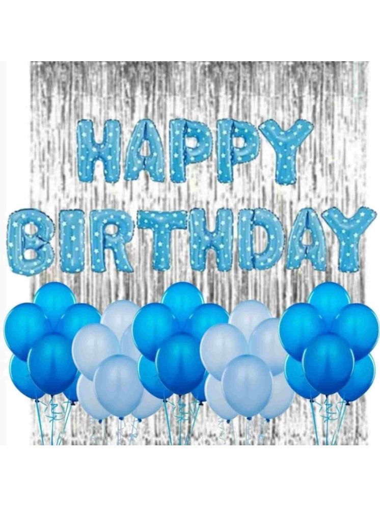     			PartyBooms Happy Birthday Blue Foil Decoration Item & 2 Silver Curtains, 20 Blue, 20 Skyblue Metalic Balloon Pack Of 43 (Blue)