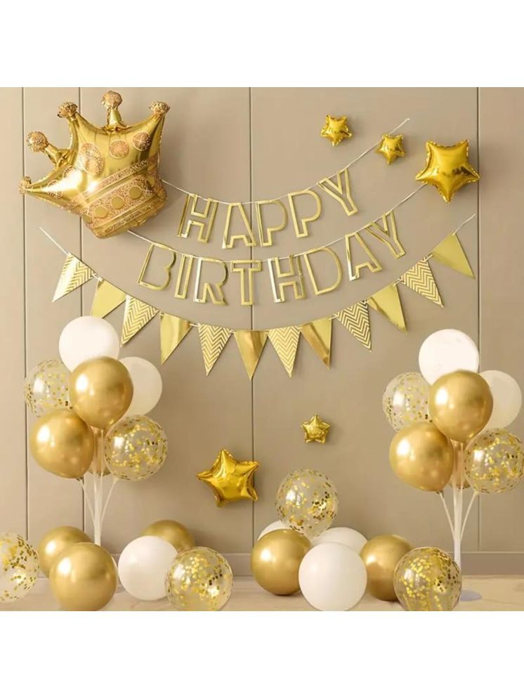     			Partybooms Happy Birthday Gold Decoration Item, 1 Crown Foil, 4 Short Gold Stars, 10 Gold, 10 White, 5 Confetti Balloon Pack Of 31