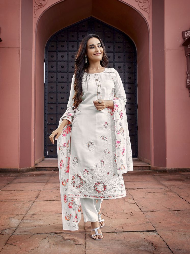     			Royal Export Chanderi Embroidered Kurti With Pants Women's Stitched Salwar Suit - White ( Pack of 1 )