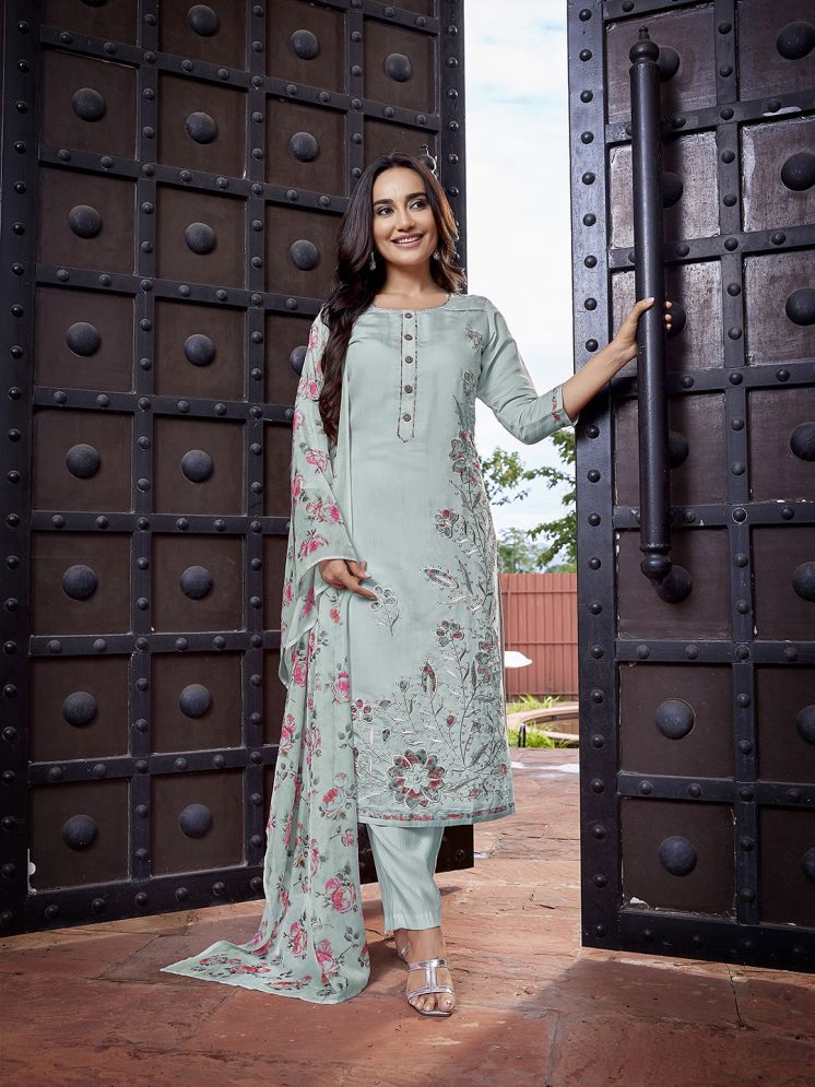     			Royal Export Chanderi Embroidered Kurti With Pants Women's Stitched Salwar Suit - Light Blue ( Pack of 1 )