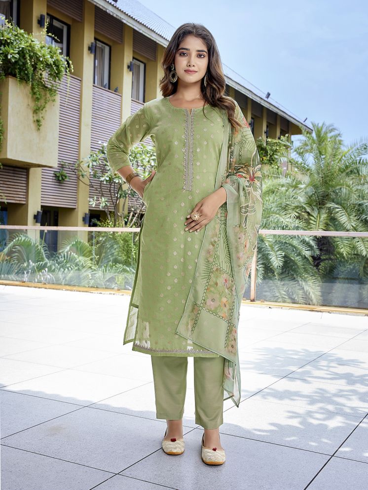     			Royal Export Chanderi Printed Kurti With Pants Women's Stitched Salwar Suit - Green ( Pack of 1 )