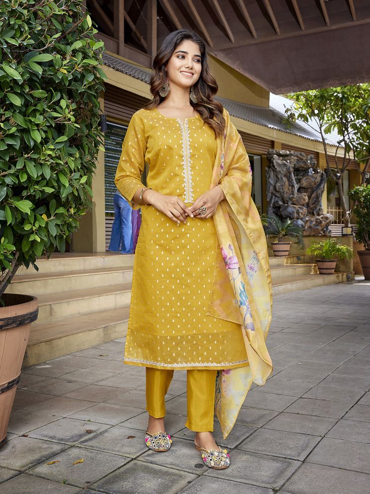     			Royal Export Chanderi Self Design Kurti With Pants Women's Stitched Salwar Suit - Yellow ( Pack of 1 )