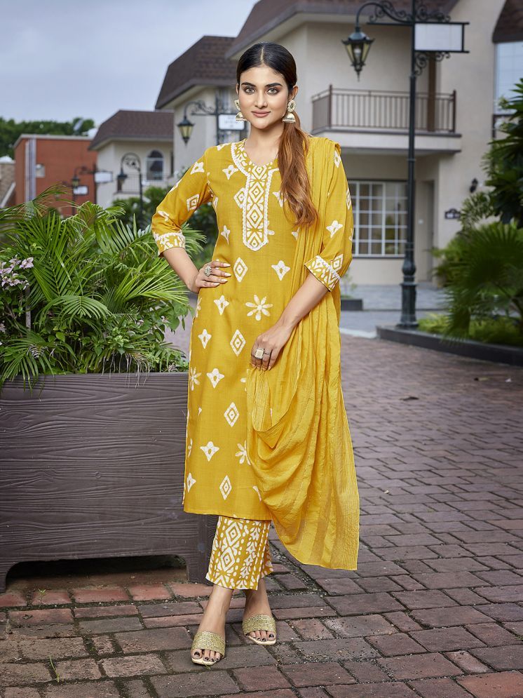     			Royal Export Cotton Blend Printed Kurti With Pants Women's Stitched Salwar Suit - Yellow ( Pack of 1 )