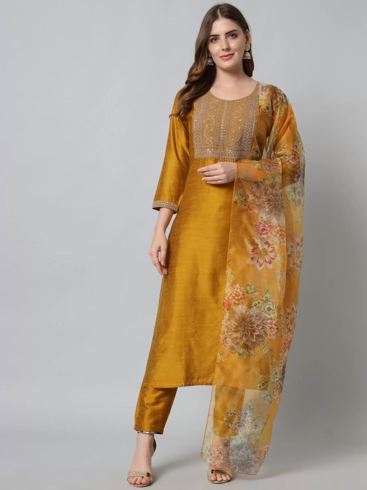     			Royal Export Silk Blend Embellished Kurti With Pants Women's Stitched Salwar Suit - Yellow ( Pack of 1 )