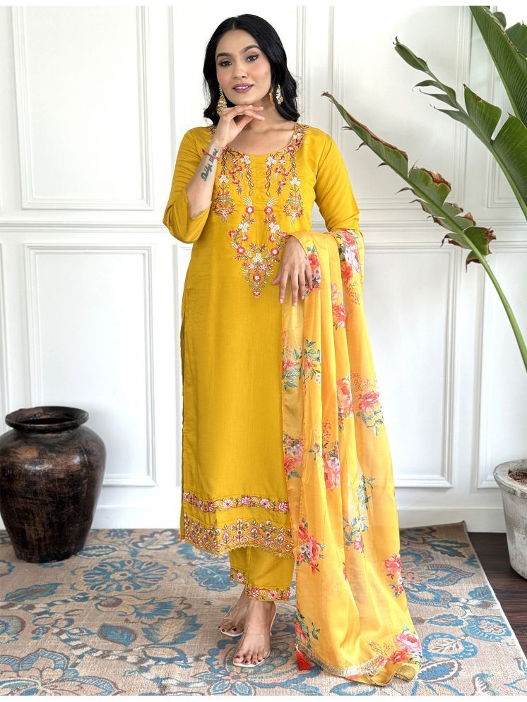     			kedar fab Cotton Silk Embroidered Kurti With Pants Women's Stitched Salwar Suit - Yellow ( Pack of 1 )