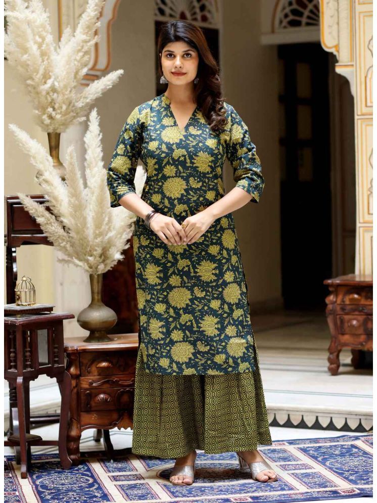     			Doriyaan Cotton Printed Kurti With Sharara And Gharara Women's Stitched Salwar Suit - Green ( Pack of 1 )