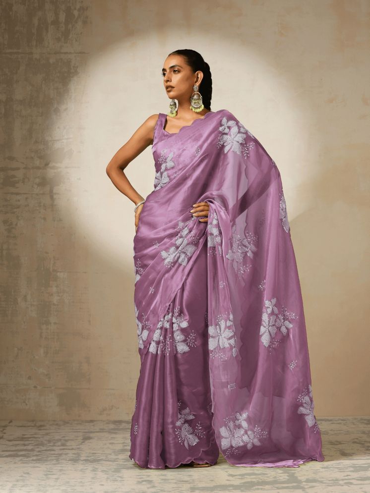     			Lady Shopi Pack of 1 Organza Embellished Saree With Blouse Piece ( Purple )