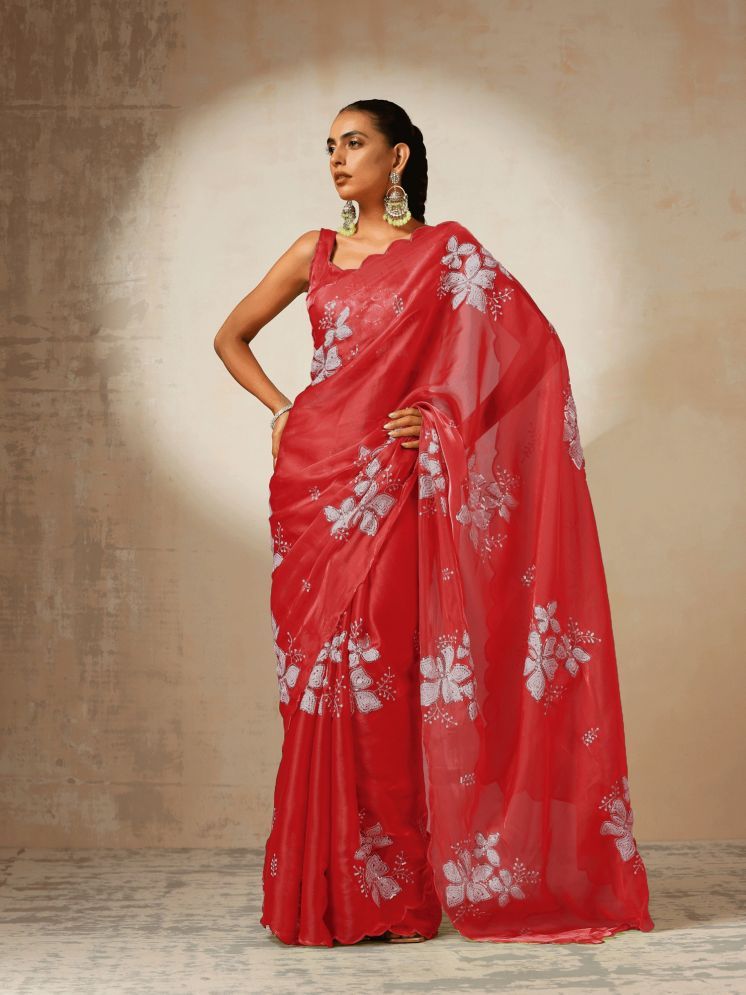     			Lady Shopi Pack of 1 Organza Embellished Saree With Blouse Piece ( Red )