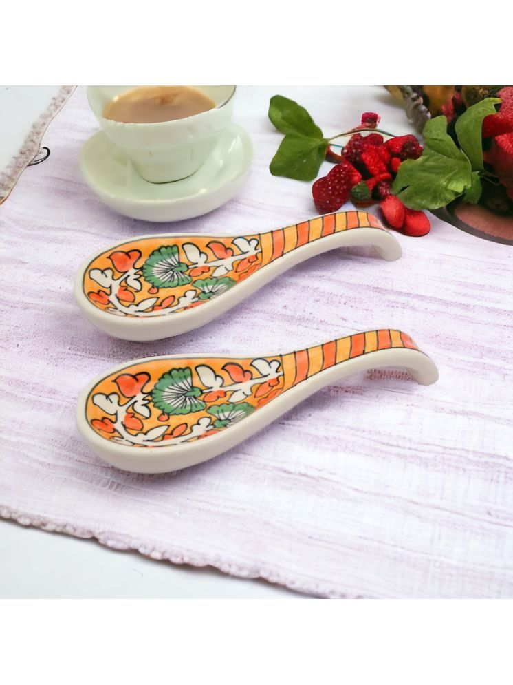     			Malaikah Orange Spoon Rest Ceramic Printed Cutlery Holder Orange ( Pack of 2 )