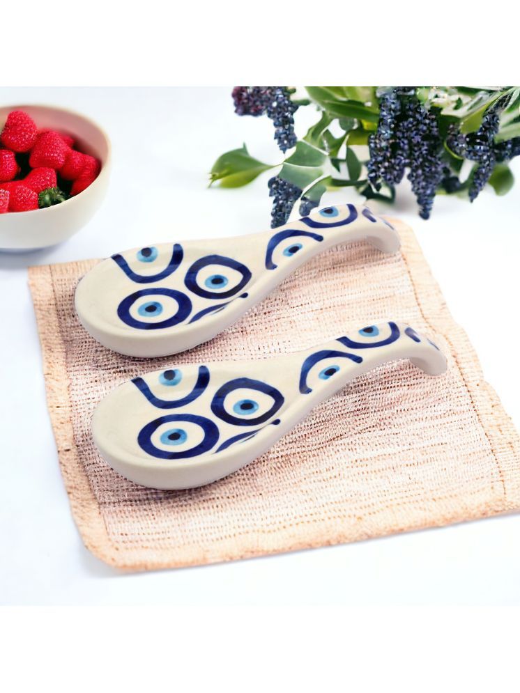     			Malaikah White Spoon Rest Ceramic Printed Cutlery Holder White ( Pack of 2 )