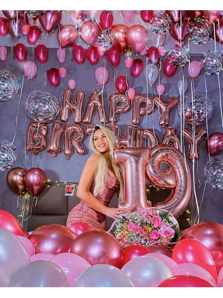     			PartyBooms Happy Birthday Rosegold Decoration Item, 19 Number Rosegold Foil, 5 Confetti Balloons, 20 Rosegold Metalic Balloon, 10 White, 10 Red 10 Pink Pack of 57