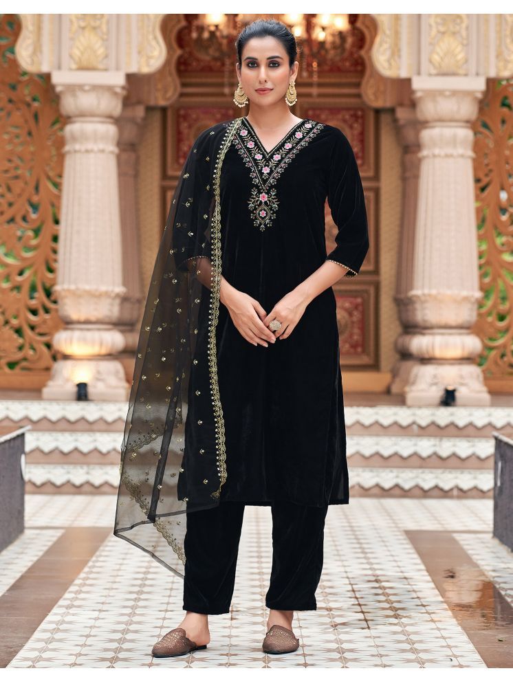     			Skylee Velvet Embroidered Kurti With Pants Women's Stitched Salwar Suit - Black ( Pack of 1 )