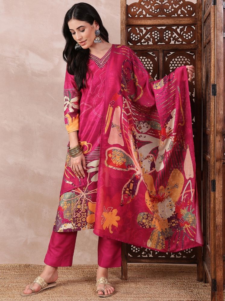     			Vaamsi Silk Blend Printed Kurti With Pants Women's Stitched Salwar Suit - Pink ( Pack of 1 )