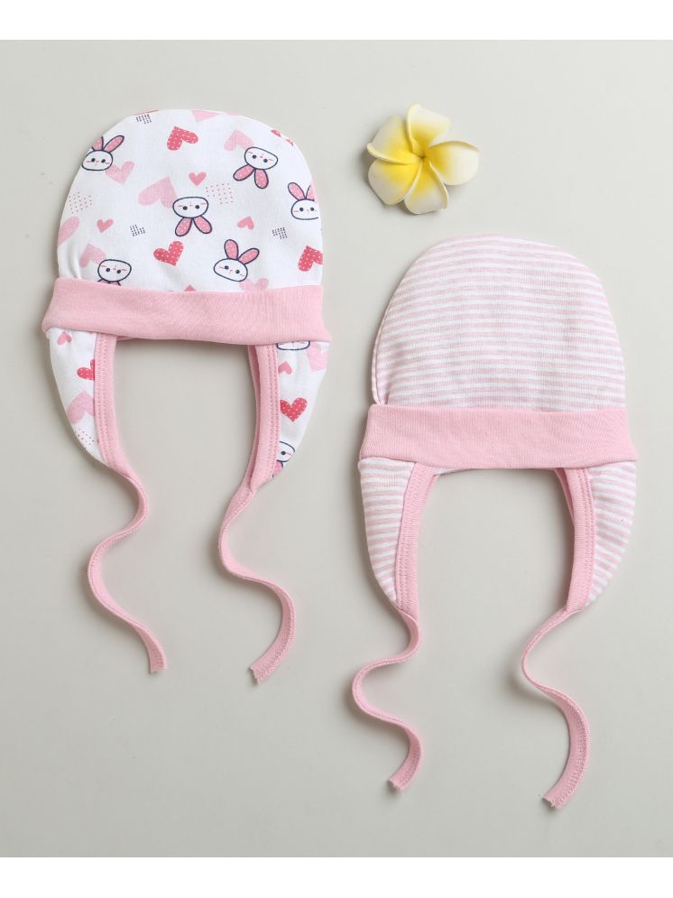     			BUMZEE Baby Pink & White Baby Girls Ear Flap Tying Cap Pack Of 2 Age - 3-6 Months