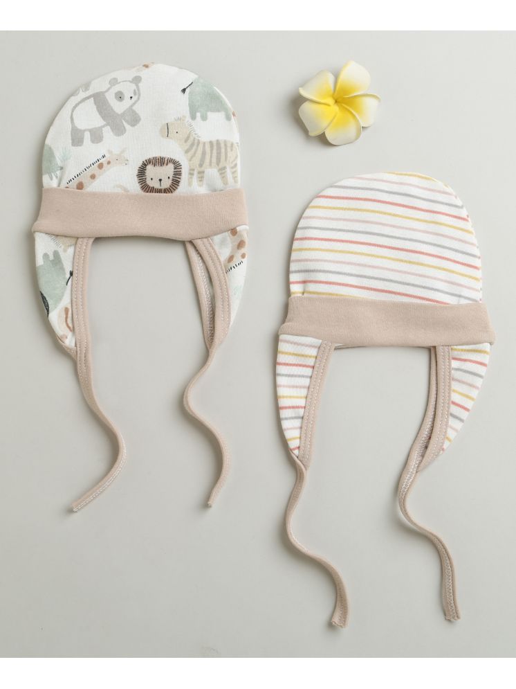     			BUMZEE Beige & White Baby Boys Ear Flap Tying Cap Pack Of 2 Age - 0-3 Months