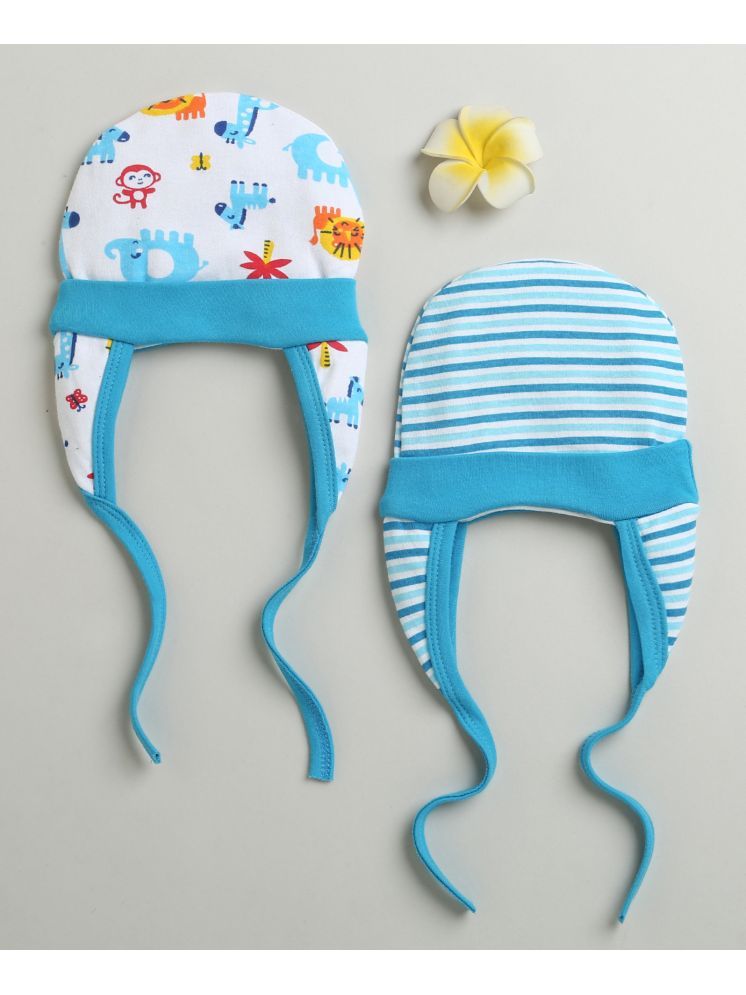     			BUMZEE Blue & White Baby Boys Ear Flap Tying Cap Pack Of 2 Age - 3-6 Months